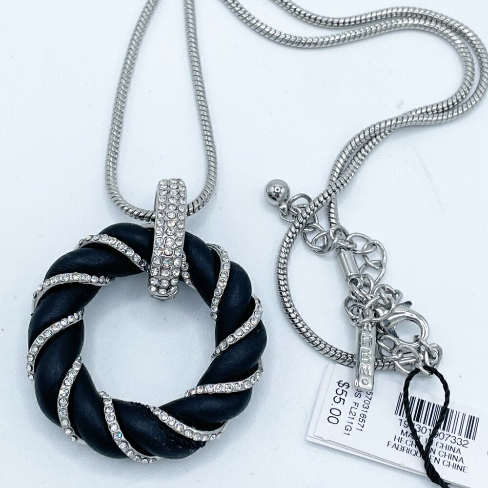 NWT WHBM Black Leather Twist Pave Rhinestone Pendant Silver Chain Necklace